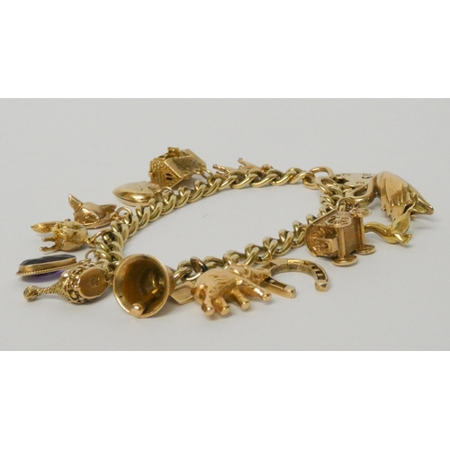 717 - A 9ct gold charm bracelet, set numerous charms, with padlock fastening 58 grams