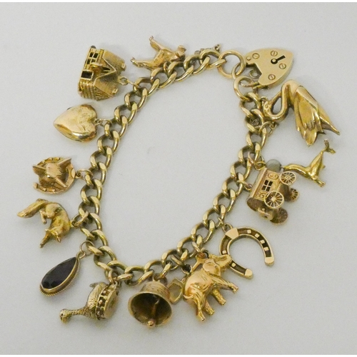 717 - A 9ct gold charm bracelet, set numerous charms, with padlock fastening 58 grams