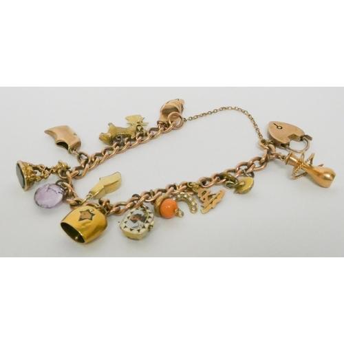 736 - 9ct rose gold curb chain charm bracelet, set numerous charms - coral, pearl, enamel Egyptian casket,... 