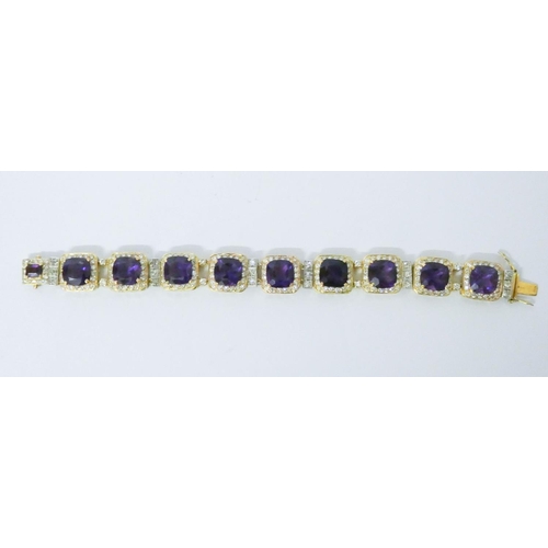 763 - Impressive amethyst and diamond cluster panel bracelet, set ten square panels with amethysts of good... 