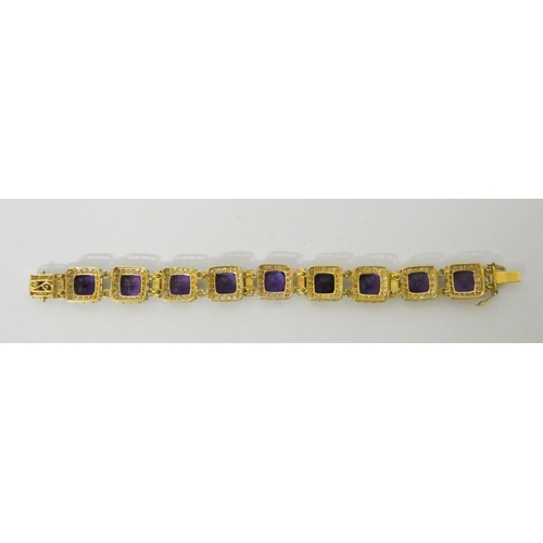 763 - Impressive amethyst and diamond cluster panel bracelet, set ten square panels with amethysts of good... 