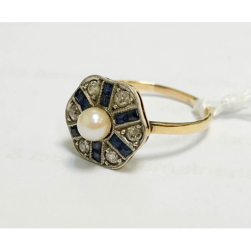 731 - An Art Deco ring, the octagonal panel set with sapphires, diamonds and a cultured pearl to the centr... 