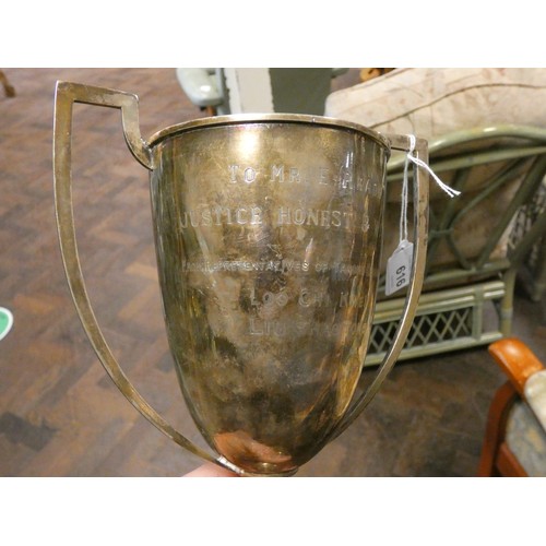 616 - Chinese white metal twin handled trophy cup, with presentation inscription. 11.6 troy ounces....