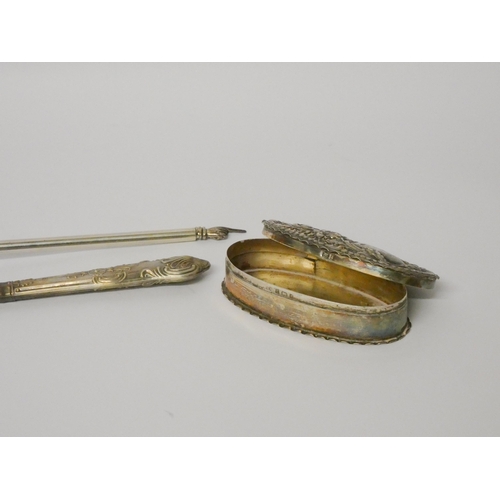 515 - A silver dressing table box, silver handled knife and a Torah pointer.