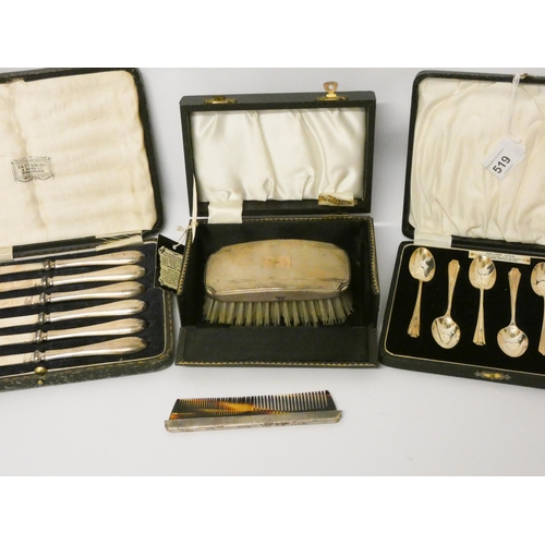 519 - A set of 6 silver teaspoons, set of 6 silver handled tea knives, and a silver backed gents hairbrush... 