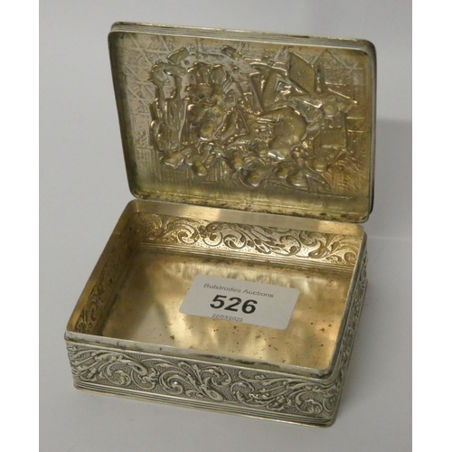 526 - A Dutch rectangular silver patch box, the hinged lid embossed with interior scene, dimension 8.5cms ... 