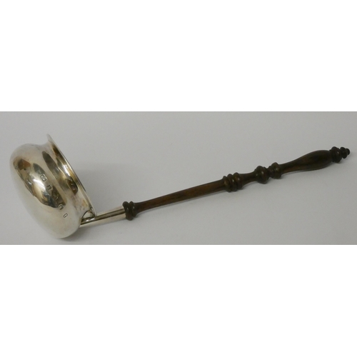 527 - Hallmarked silver brandy ladle with turned Treen handle, hallmarked Birmingham 1977