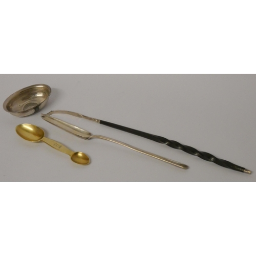 533 - Georgian silver marrow scoop with engraved armorial, a silver gilt double ended medicine spoon and a... 