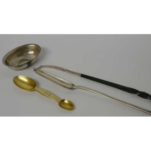 533 - Georgian silver marrow scoop with engraved armorial, a silver gilt double ended medicine spoon and a... 