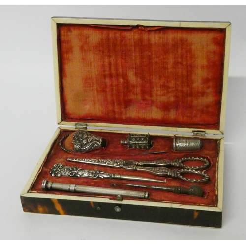 547 - Victorian tortoiseshell cased ladies necessaire, the rectangular box containing white metal sewing i... 