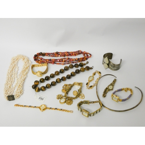 550 - An 800 standard silver collar necklace, pearls, ladies modern quartz dress watches, a row of tigers ... 