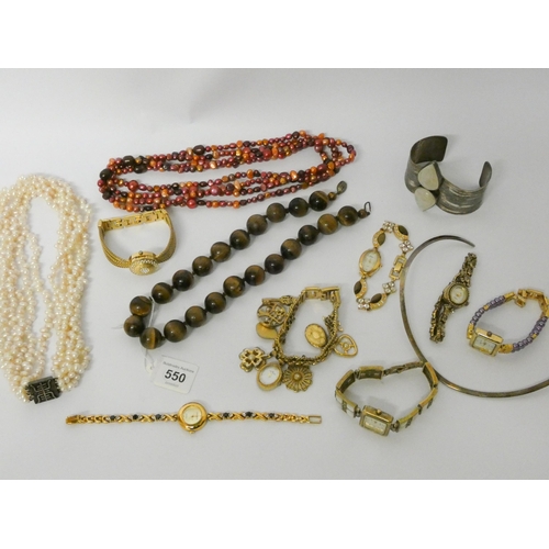 550 - An 800 standard silver collar necklace, pearls, ladies modern quartz dress watches, a row of tigers ... 