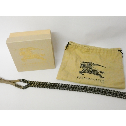 551 - Signed BURBERRY of London taupe leather and very heavy and long steel chain flapper length necklace ... 