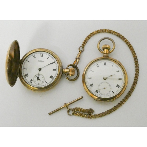 556 - Waltham gold plated pocket watch with plated albert chain and another Victorian gold plated pocket w... 