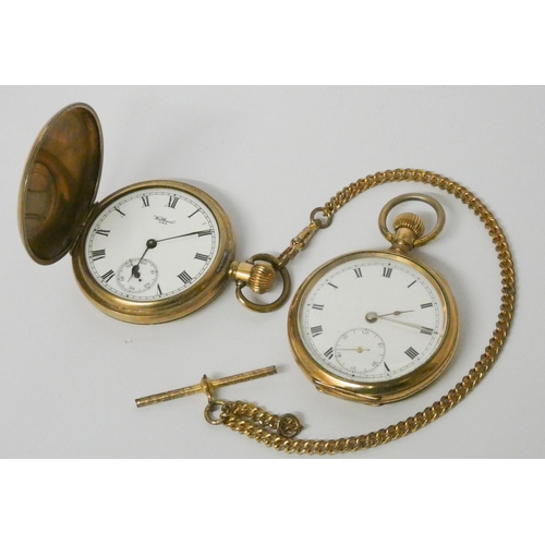 556 - Waltham gold plated pocket watch with plated albert chain and another Victorian gold plated pocket w... 