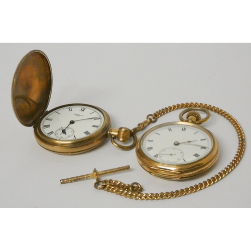 556 - Waltham gold plated pocket watch with plated albert chain and another Victorian gold plated pocket w... 