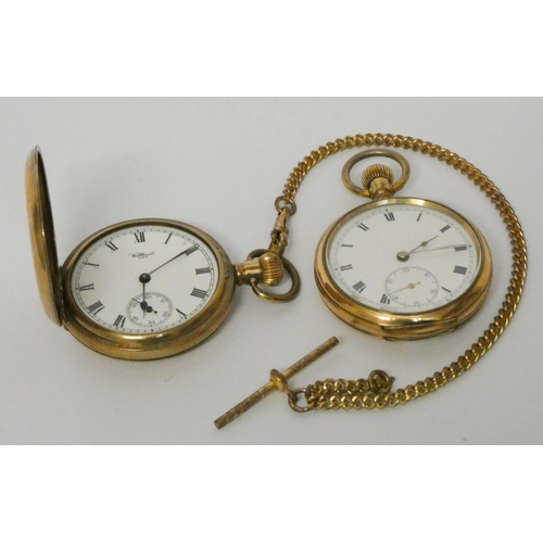 556 - Waltham gold plated pocket watch with plated albert chain and another Victorian gold plated pocket w... 