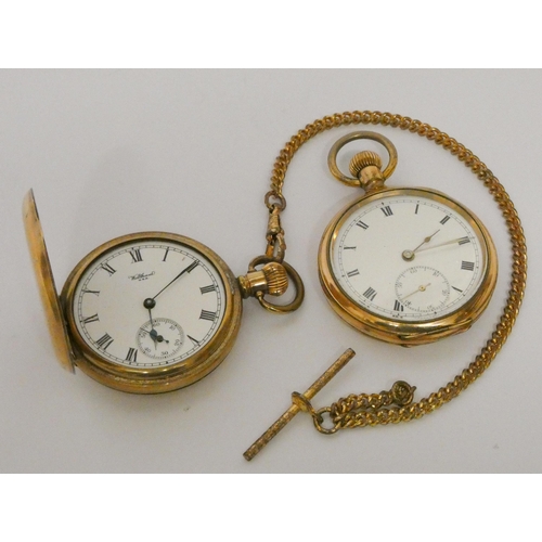 556 - Waltham gold plated pocket watch with plated albert chain and another Victorian gold plated pocket w... 