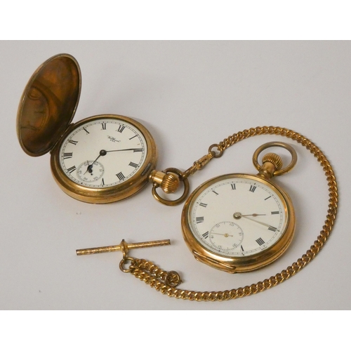 556 - Waltham gold plated pocket watch with plated albert chain and another Victorian gold plated pocket w... 