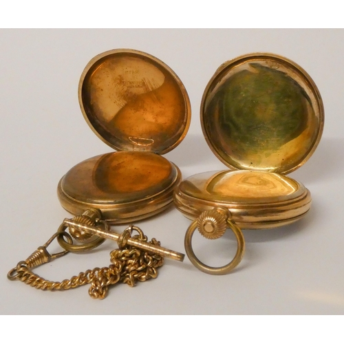 556 - Waltham gold plated pocket watch with plated albert chain and another Victorian gold plated pocket w... 