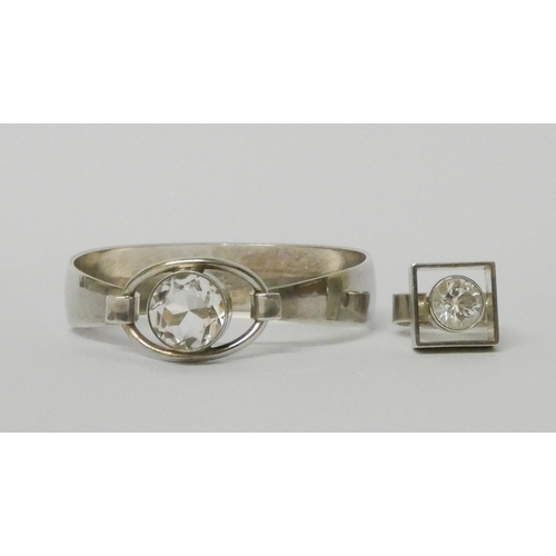 557 - Niels Erik From - Danish silver modernist bangle set with rock crystal, and a similar dress ring. Bo... 