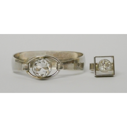 557 - Niels Erik From - Danish silver modernist bangle set with rock crystal, and a similar dress ring. Bo... 