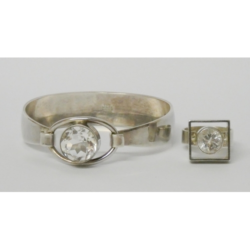 557 - Niels Erik From - Danish silver modernist bangle set with rock crystal, and a similar dress ring. Bo... 