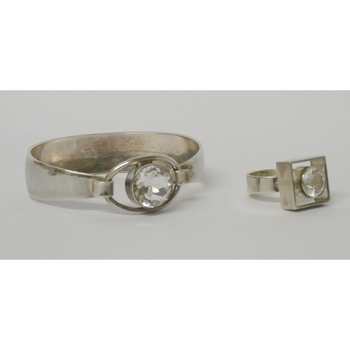 557 - Niels Erik From - Danish silver modernist bangle set with rock crystal, and a similar dress ring. Bo... 