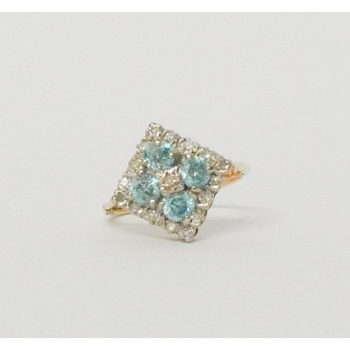 580 - 18ct yellow gold diamond and blue stone cluster dress ring, hallmarked, ring size N