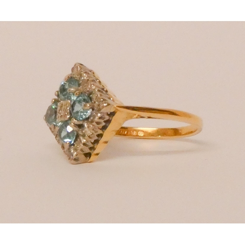 580 - 18ct yellow gold diamond and blue stone cluster dress ring, hallmarked, ring size N