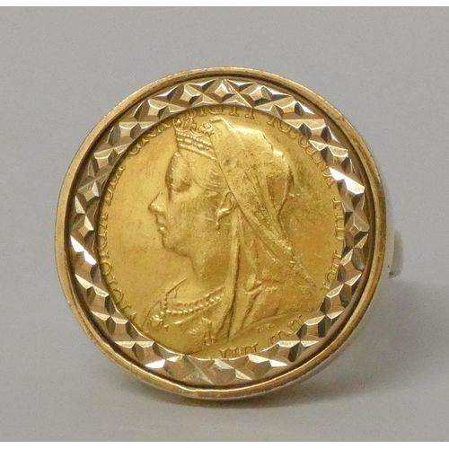 603 - 1901 Victoria half gold sovereign, mounted as a ring, mount hallmarked 9ct gold, gross weight 8.9gms