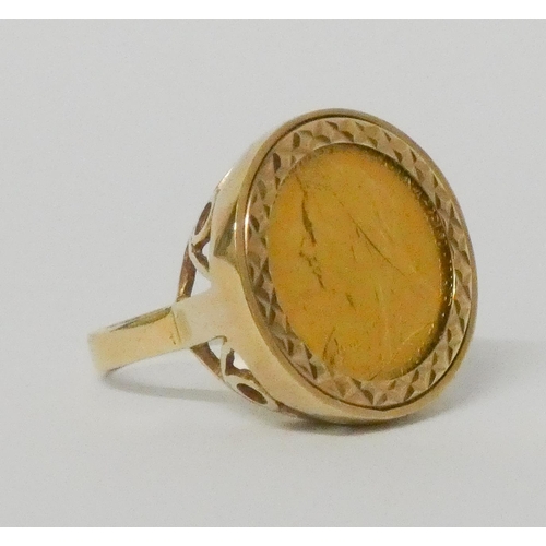 603 - 1901 Victoria half gold sovereign, mounted as a ring, mount hallmarked 9ct gold, gross weight 8.9gms