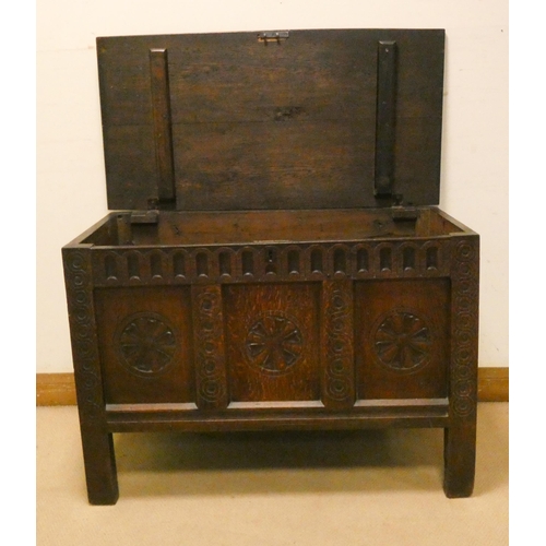 467 - An antique oak carved three panel coffer, 3'6 wide, 29