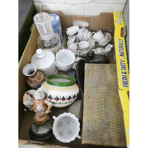 818 - A large box of miniature china, dishes, vase, silver plated set etc