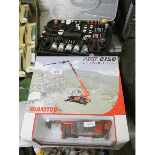 831 - An MRT2150 Privilege Manitou model crane and a 219 piece multi-purpose rotary tool engraving set