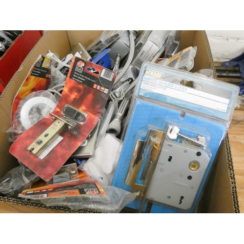 846 - A large box of new stainless steel finish electric sockets, locks, handles etc