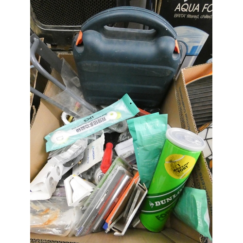 869 - Two boxes containing light switches, bulbs, mini sander, brushes, Le Creuset griller, tennis balls e... 