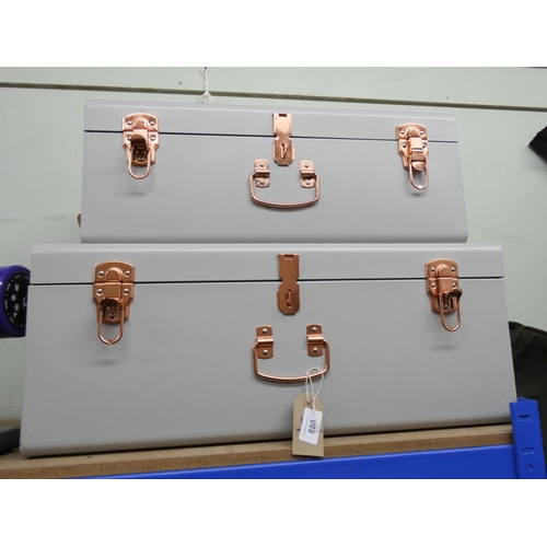 880 - Two new metal graduating storage boxes with copper hinges, handles etc