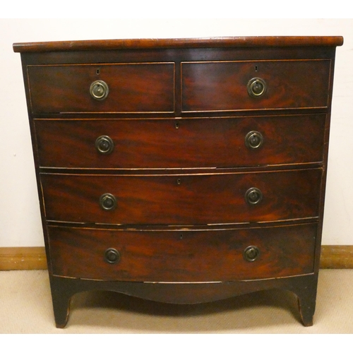 459 - Georgian mahogany bow front chest with three long and two short drawers with brass handles, standing... 