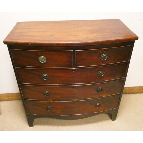 459 - Georgian mahogany bow front chest with three long and two short drawers with brass handles, standing... 