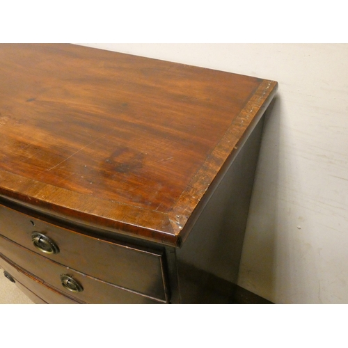 459 - Georgian mahogany bow front chest with three long and two short drawers with brass handles, standing... 