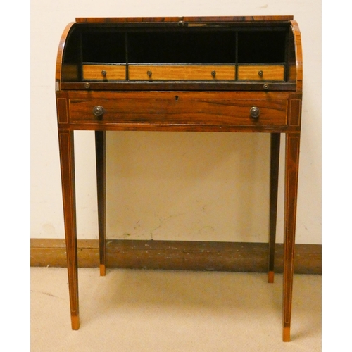 466 - A ladies Edwardian inlaid rose wood cylinder top writing desk with pull out slide and satin wood int... 