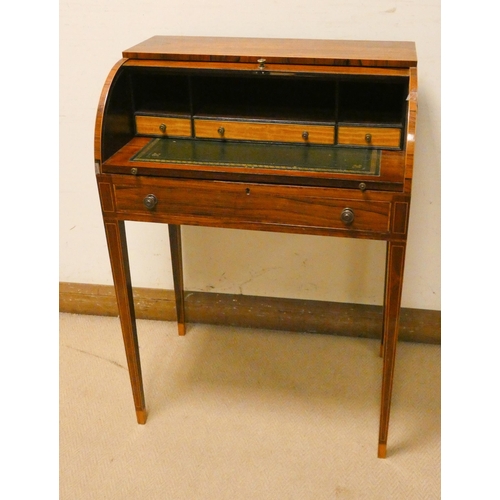 466 - A ladies Edwardian inlaid rose wood cylinder top writing desk with pull out slide and satin wood int... 