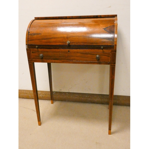 466 - A ladies Edwardian inlaid rose wood cylinder top writing desk with pull out slide and satin wood int... 