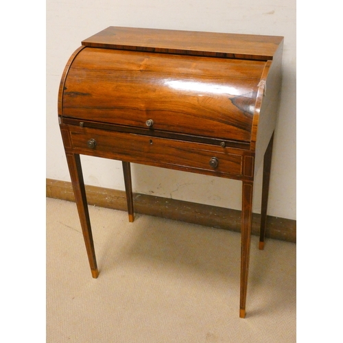 466 - A ladies Edwardian inlaid rose wood cylinder top writing desk with pull out slide and satin wood int... 