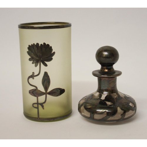 481 - A silver overlaid glass scent bottle and a similar overlaid specimen cylindrical vase