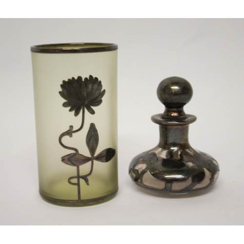 481 - A silver overlaid glass scent bottle and a similar overlaid specimen cylindrical vase