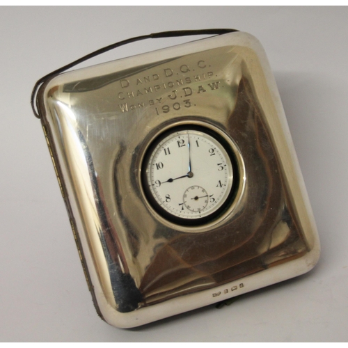 482 - Edwardian silver pocket watch in large silver and leather travelling case. With inscription dated 19... 