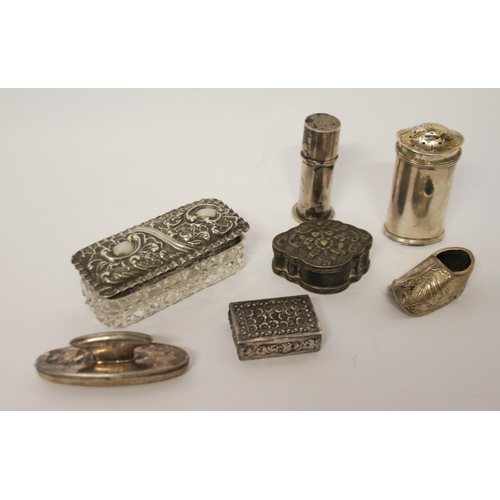 489 - A  collection of small silver ware - to include dressing table boxes, pepper, nail buffer, scent fla... 