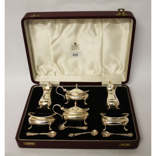 496 - Garrard & Co - a six piece silver cruet set in fitted case. Birmingham 1964.